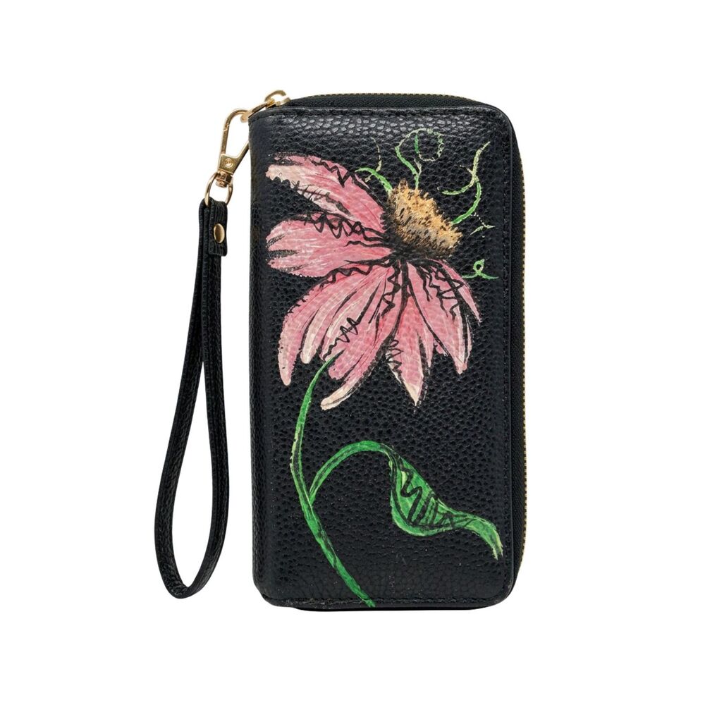 Hand Painted Floral Wristlet Wallet Black Textured Leather Pink Flower Clutch
